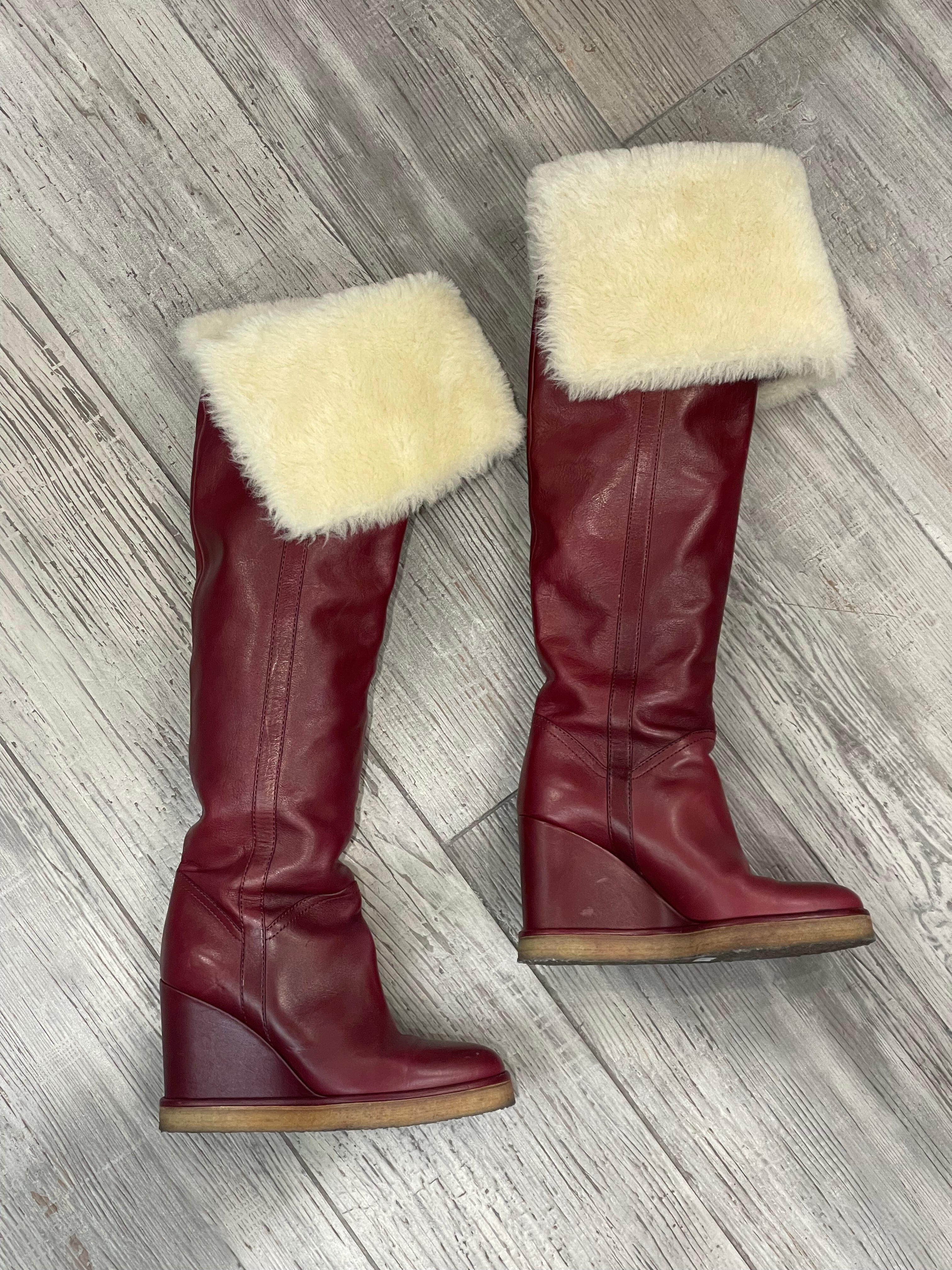 Celine - Bottes cuissardes en cuir rouge avec fourrure T37