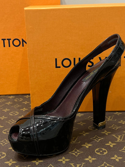 Louis Vuitton - escarpins plateforme cuir vernis bordeaux - Les Folies d&